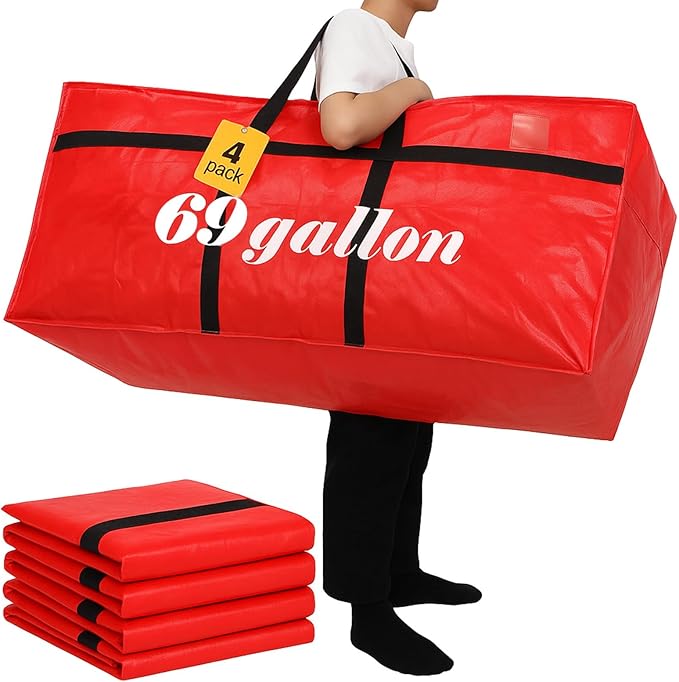 Windyun 4 Pack 69 Gallon Extra Large Moving Bags XXL Heavy Duty Storage Bag with Strong Zipper Handle Jumbo Big Tote Box Foldable for College Dorm Travel Clothes Duffle Blanket Pillow(Red)
