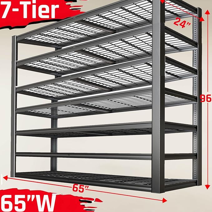 7-Tier Heavy Duty Garage Shelving Units, 65" Wide Deep Storage Shelves,Black Metal Garage Shelves,Steel Shelf,Large Storage Rack,Industrial Shelving for Shop, 65" W x 24" D x 96" H, 2 Pack