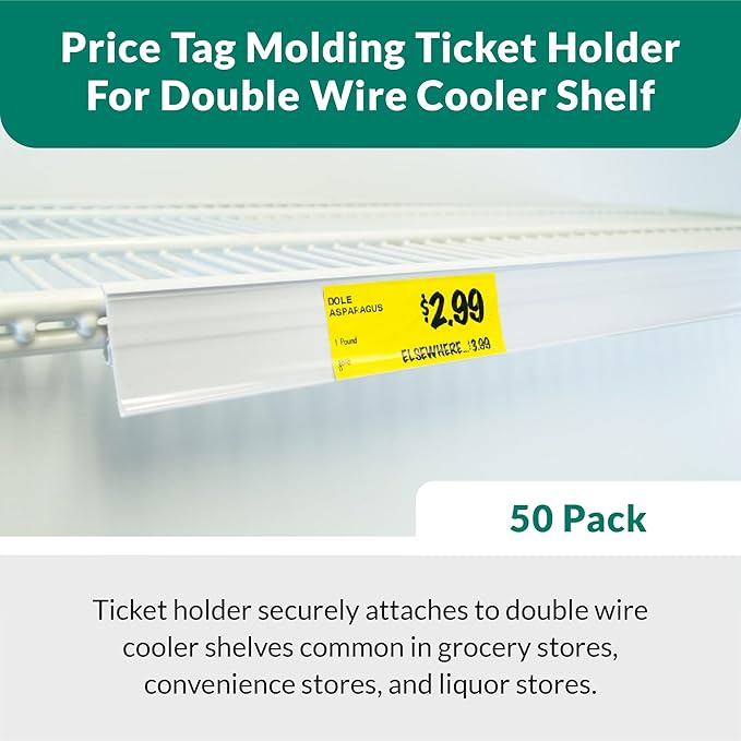 Price Tag Holder and Molding for Double Wire Cooler/Freezer Shelves | 28" Long | 1.25" High | 50 Pack | White
