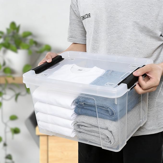 22 Qt Latching Storage Box, Stackable Bin with Latch Lid, Plastic Storage Container Tote, Clear, 4-Pack