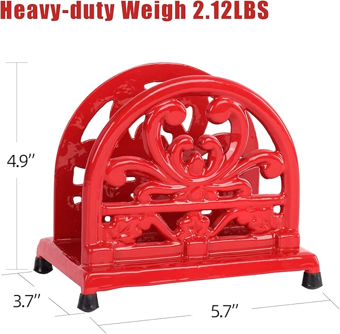 MINLUFUL Vintage Cast Iron Napkin Holder for Table, Upright Paper Napkins Dispenser for Kitchen Restaurant Cocktail Bar with Red Flower Pattern Decor