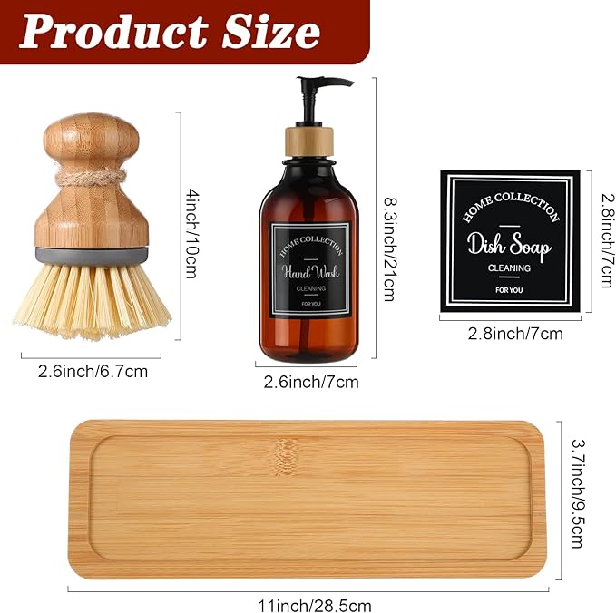 Zopeal 4 Pcs Kitchen Soap Dispenser Set with Bamboo Tray and Dish Brush Plastic Soap Dispenser Set with Waterproof Labels for Hand Dish Lotion(Brown)