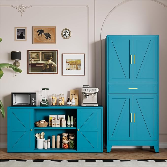 LCAOPC 71" Tall Pantry Storage Cabinet with Drawer and Adjustable Shelves, Freestanding Tall White Kitchen Cupboard Storage Cabinet for Kitchen,Dining Room, Living Room, Blue