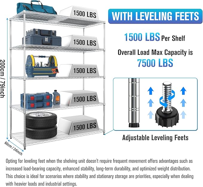 5 Tier NSF Wire Shelf Shelving Unit, 24 x 60 x 82 Inch 7500lbs Capacity Heavy Duty Adjustable Storage Metal Rack with Wheels/Leveling Feet & Shelf Liners, Ideal for Garage, Kitchen, and More - Chrome