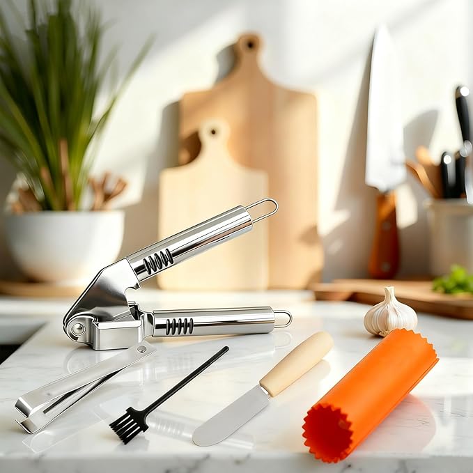 MANJIA Garlic Press and Peel Set Stainless Steel- Rust Proof Garlic Mincer Tool - Easy-Squeeze, Easy-Clean Silicone Garlic Peeler & Brush (Orange)