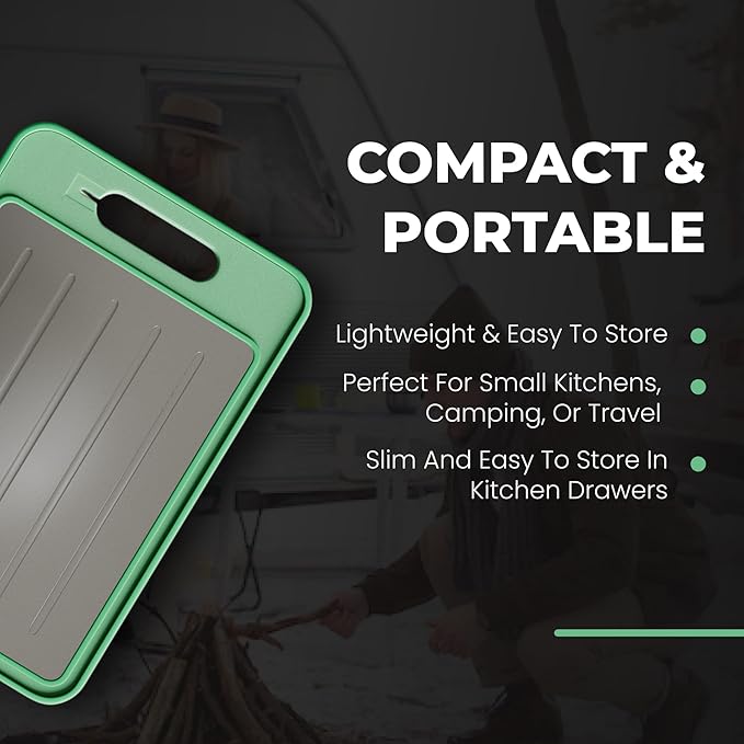 2-Sided Cutting Board with Built-In Grinder & Knife Sharpener - Stainless Steel & Buckwheat Surface - Non-Slip, Durable, Easy-to-Clean, Juice Groove, Portable for Kitchen & Camping (Mint)