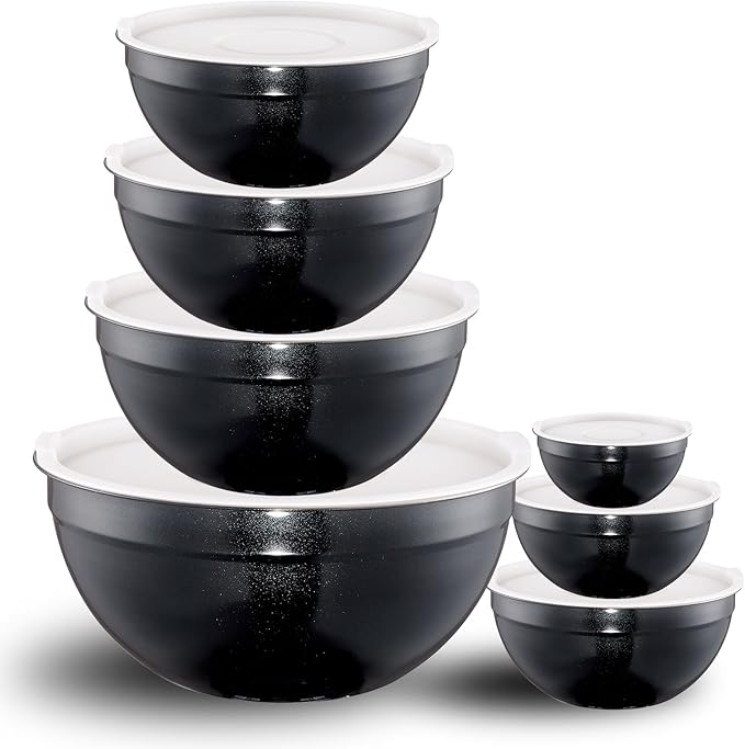 LKTDYMEG Black Mixing Bowls with Lids Set of 7, Stainless Steel Nesting Bowl with Khaki Lid for Non-slip Mixing Prepping Storing Serving, 7 Sizes-7/3.6/2.7/2.1/1.5/1/0.8 QT