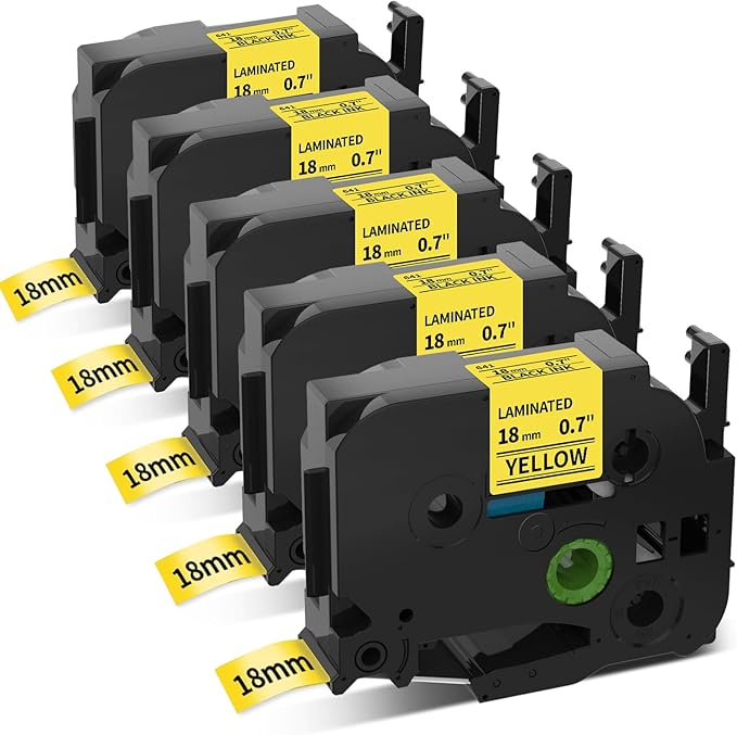 MarkDomain 18mm Label Tape Compatible TZe641 Replacement for Brother P Touch Laminated TZe TZ Tape 18mm x 8m (TZe-641 Black on Yellow) - Work with PTD400AD PTD400 PTD600 Label Maker - 5-Pack