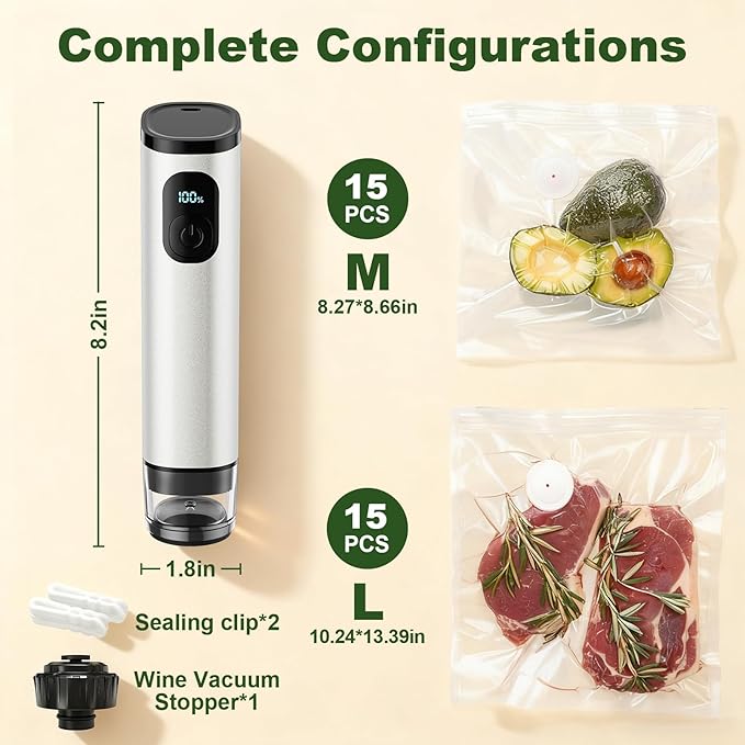 Premium Metal Handheld Vacuum Sealer, Vacuum Sealer for Food with Power Display & Detachable Tank, 60kPa Strong Suction, Includes 30 Reusable Bags & Wine Stopper for Food Preservation- Silver