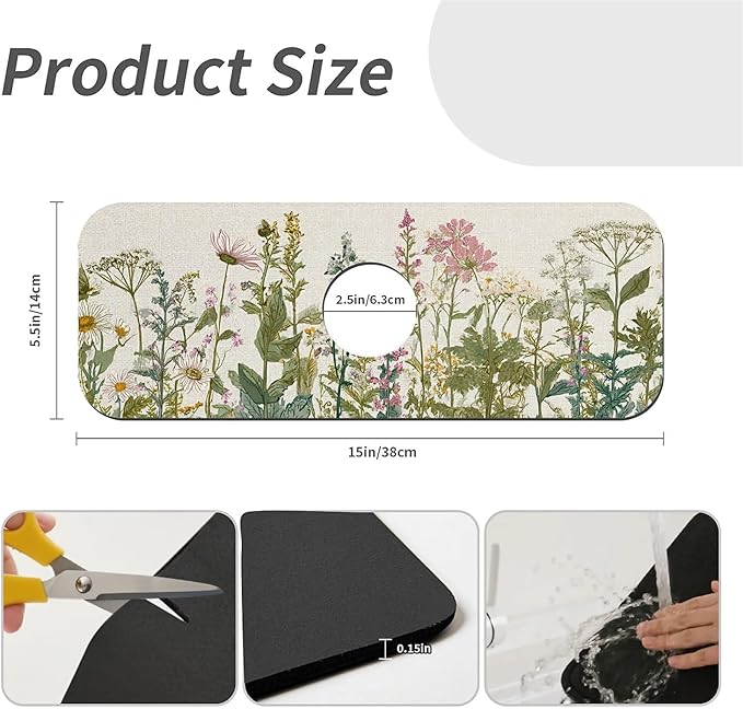 Kitchen Sink Splash Guard，English vintage garden Faucet Mat Sink Gadgets-Super Absorbent Fast Drying Mat Drip Catcher for Kitchen, Bathroom,Sink Mat, Dish Drying Mat, Bathroom(15" X 5.5" )
