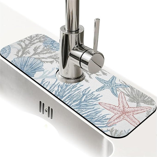 Kitchen Sink Splash Guard，coral starfish shells Faucet Mat Sink Gadgets-Super Absorbent Fast Drying Mat Drip Catcher for Kitchen, Bathroom,Sink Mat, Dish Drying Mat, Bathroom(15" X 5.5" )
