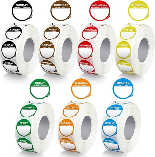 7000 Pcs Day of The Week Labels Food Labels Monday Through Sunday Management Inventory Stickers Removable Weekly Self Adhesive Date Dot Stickers for Restaurant Kitchen Containers Dispenser