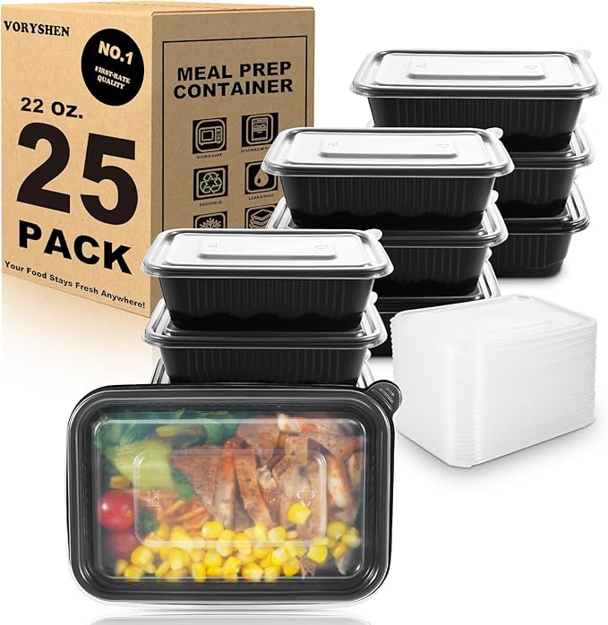 voryshen 25-Pack Meal Prep Containers,22 Oz 1-Compartment to go Food Containers with Lids, Reusable Lunch Box |BPA Free|Stackable, Microwave/Dishwasher/Freezer Safe