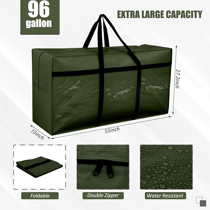 4 Pcs 96 Gallon Extra Large Moving Bags Heavy Duty Storage Bag with Strong Zipper Handle Foldable XXL Jumbo Storage Tote Packing Moving Box for College Dorm Travel Cloth Duffle (Green)