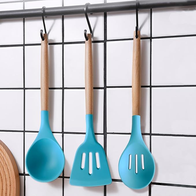 IOCBYHZ Silicone Kitchen Cooking Utensils Set, 5-Piece Non-Stick Silicone Kitchen Utensils Spatula Serving Spoons Turner Ladle Set w Wooden Handle Heat Resistant Cooking Gadgets for Nonstick Cookware
