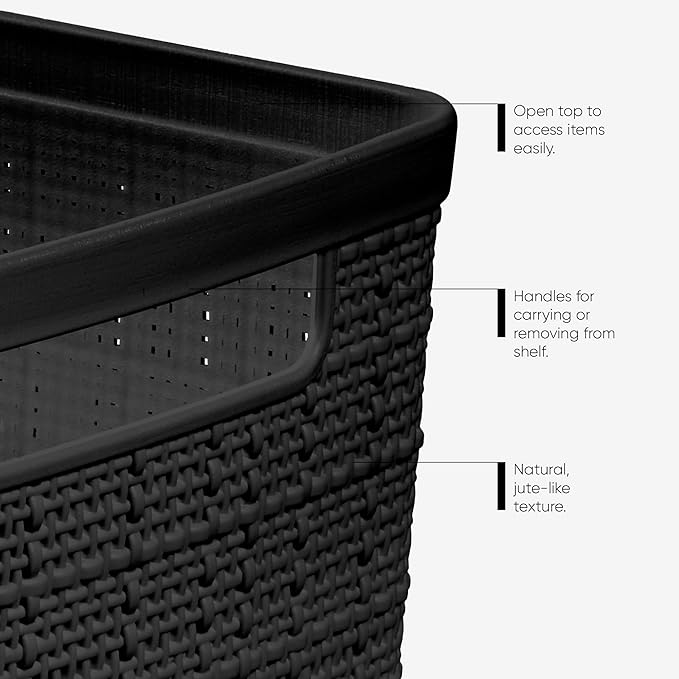 Curver Set of 4 Large Cube 17L Jute Decorative Plastic Organization and Storage Baskets - Perfect Bins for Home Office, Closet Shelves, Kitchen Pantry and All Bedroom Essentials, Black