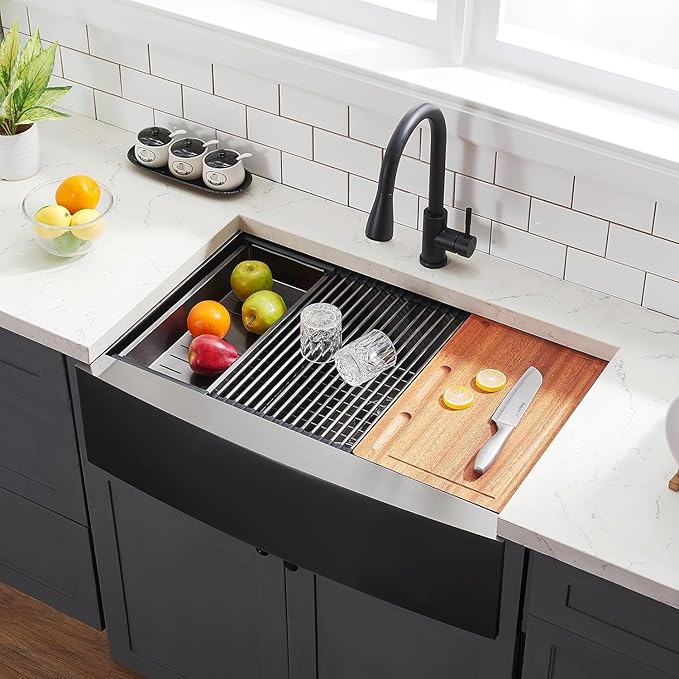 Black Farmhouse Sink 33 Inch - VALISY 33x22 Apron Front Farmhouse Kitchen Sinks 16 Gauge Stainless Steel Undermount Ledge Workstation Deep Single Bowl Luxury Rustic Farm Sinks with All Accessories.