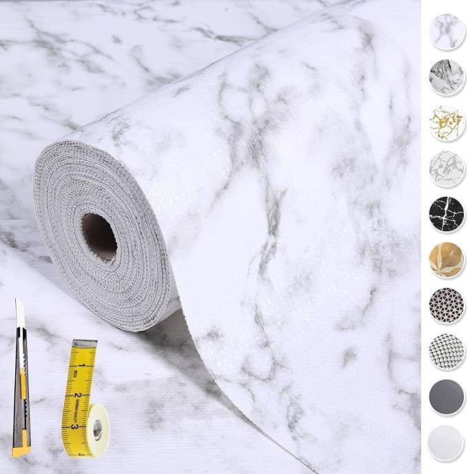 2-Layer Drawer and Shelf Liner for Kitchen Cabinet: 12 in X 20 Ft Non Slip Waterproof Shelf Paper Non Adhesive Refrigerator Liners White Marble Easy Liners for Bathroom with Knife Tape Measure
