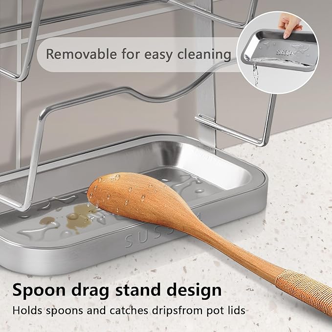 Pot Lid Holder While Cooking, 304 Stainless Steel Pot Lid Organizer and Spoon Rest for Stove top, Multifunctional Pot Lid Rack and Spoon Rest for Kitchen Counter