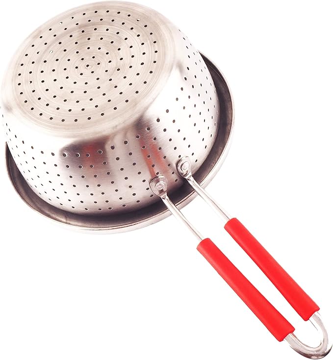 Contiup Stainless Steel Perforated Metal Colander Strainer with Long Red Handle Sieve Sifters Use for Kitchen Food Pasta Noodles Spaghetti Vegetables Silver - 7.9inch