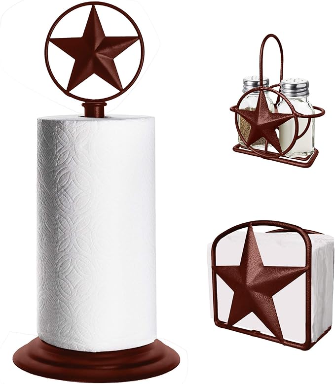 Brown Rustic Texas Star Paper Towel Holder, Napkin Holder, Salt and Pepper Shakers Holder, Country Farmhouse Iron Kitchen Counter Accessory Set Holders (Paper Towel, Napkin, S&P Holder (3 Piece Set))