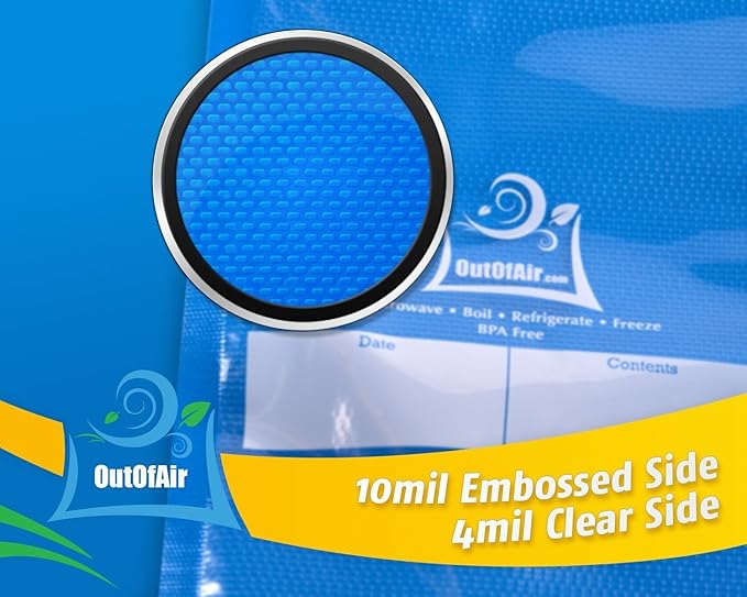 OutOfAir Vacuum Sealer Rolls - 11” x 25’ (4 Pack, 100ft) - Heavy-Duty, 33% Thicker, BPA-Free, Works with FoodSaver, Weston, Anova & More - Food Storage, Sous Vide, Freezer, Microwave & Boil Safe