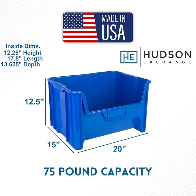 Hudson Exchange 20" x 15" x 12.5" (1 Pack) Plastic Giant Stackable Hopper Bin Container, Blue