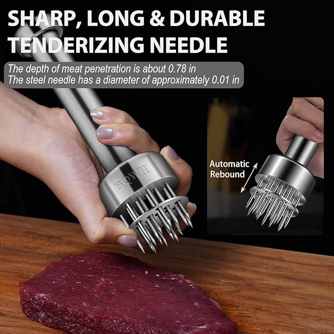 BQWII Stainless Steel Meat Tenderizer Tool with 21 Sharp Needles - A Meat Tenderizer Mallet for Chicken and Beef, Durable Meat Mallet Hammer, Easy-Grip Meat Hammer Tenderizer