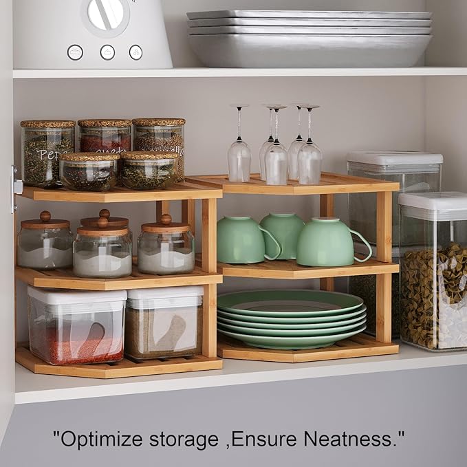 VERTORGAN 3 Tier Bamboo Corner Shelf(2 Pack),Dish Drying Rack,Plate Organizer,Kitchen Spice Rack for Countertop and Cabinet