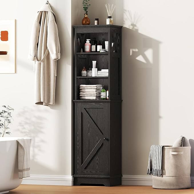 Viroformo Narrow Bathroom Storage Cabinet with Door and Open Adjustable Shelves, 60.9" H Wooden Tall Tower Corner Farmhouse Cabinet, Freestanding Organizer for Kitchen, Entryway Black