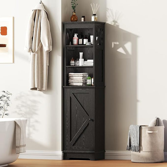 Viroformo Narrow Bathroom Storage Cabinet with Door and Open Adjustable Shelves, 60.9" H Wooden Tall Tower Corner Farmhouse Cabinet, Freestanding Organizer for Kitchen, Entryway Black