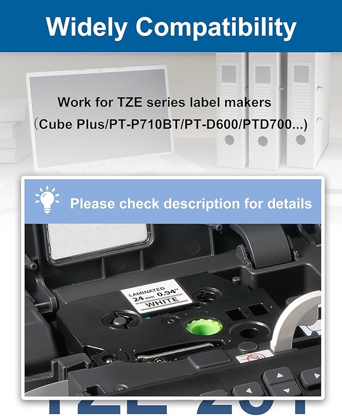 24mm Label Tape for PT-D610BT PT-D600 PT-P710BT PT-2430 TZE-S251 24mm 0.94" Laminated White Replacement for Brother P-Touch Extra-Strength Tape 1" TZe TZ Strong Adhesive Label Maker Refills, 6 Pack