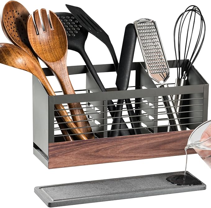 awesohome Utensil Holder for Kitchen Counter, Cooking Utensil Holder with Stone Drying Mat for Storage Spatula, Ladle, Scoop in Farmhouse Countertop with Wooden Pattern Printed, Matte Grey