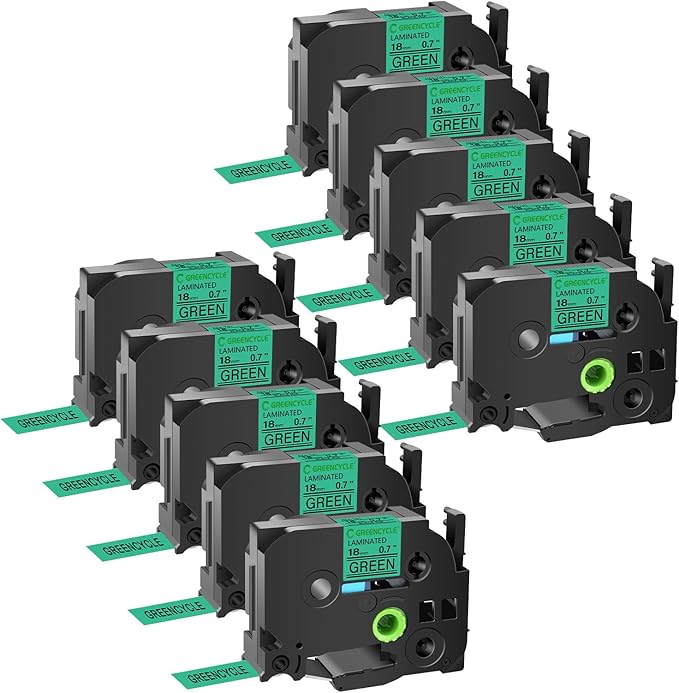 GREENCYCLE Compatible for 3/4 Inch (18mm) x 8m TZ741 TZe741 TZ-741 TZe-741 Laminated AZE Tape for Ptouch Cube PT-D400 PT-D600 PT-D400AD PT2730VP Label Maker (Black on Green, 10 Pack)