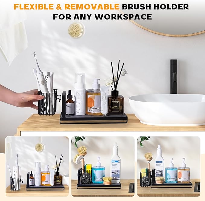 KONE Black Kitchen Sink Caddy: Kitchen Sponge Holder with Instant Drying Stone and Brush Holder, Rustproof Sink Organizer for Sponges, Soap, Home Decor Storage and Organization