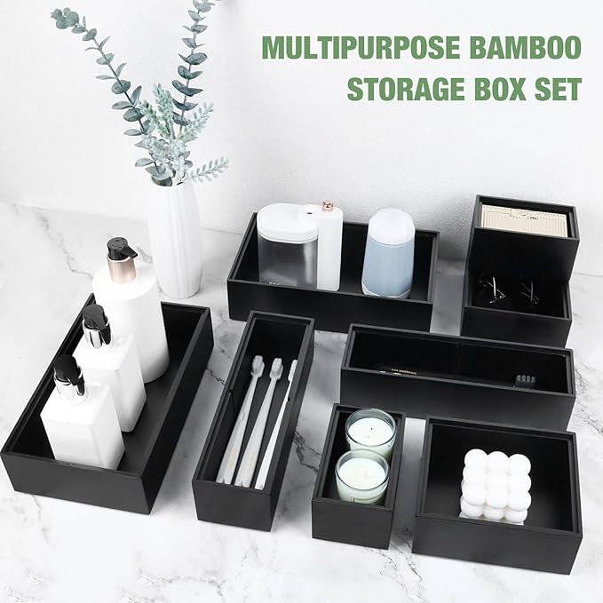 Bxngjuj Bamboo Drawer Organizer Set, 8 PCS Multi-Use Wood Drawer Storage Boxes, Junk Drawer Organizer Divider Bins for Kitchen, Bathroom, Office Desk, Makeup, Jewelry, Utensils