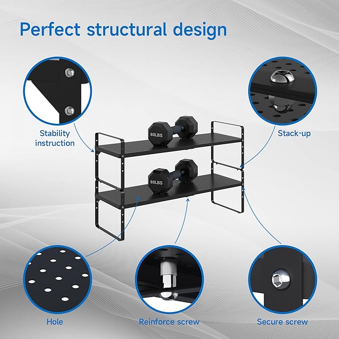 Expandable Cabinet Shelf Organizer Adjustable Metal Spice Rack Stackable Freestanding Counter Storage Shelves for Kitchen Cabinet Under Sink Office Desk (Black - 2Pack - L16.5-27'' * W10.2'' * H9.6'')
