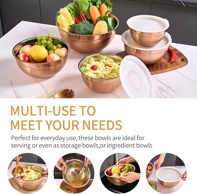 Moxinox Rose Gold Mixing Bowls with Airtight Lids, Stainless Steel Nesting Mixing Bowls Set of 5, Ideal for Baking, Prepping and Serving Food, Size 5.5, 3.6, 2.7, 2.1, 1.5, QT, Stackable Design