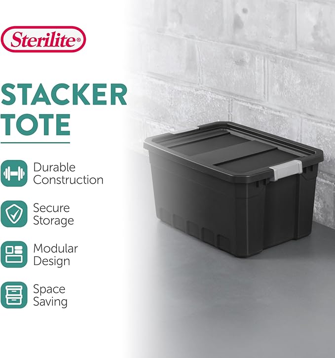 Sterilite 12-Pack Plastic Storage Bins with Lids, Stackable Containers, 19 Gallon, Black