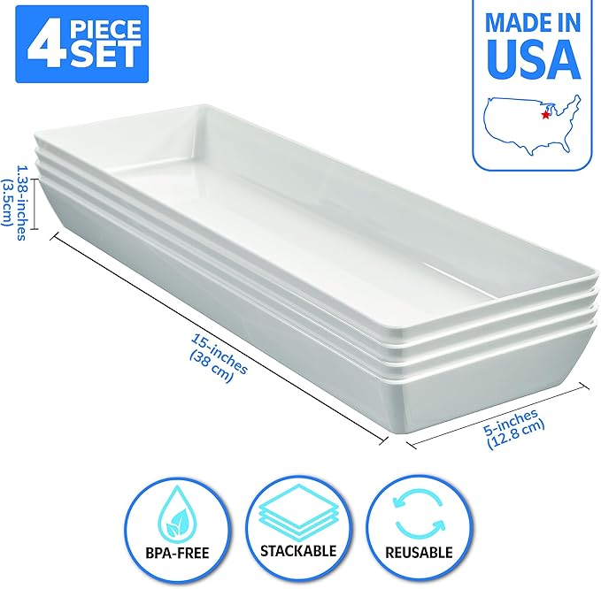US Acrylic White Plastic Serving Trays (Set of 4) 15” x 5” | Narrow Unbreakable Reusable Rectangular Party Platters | Serve Appetizers, Fruit, Veggies, & Desserts | BPA-Free & Made in USA