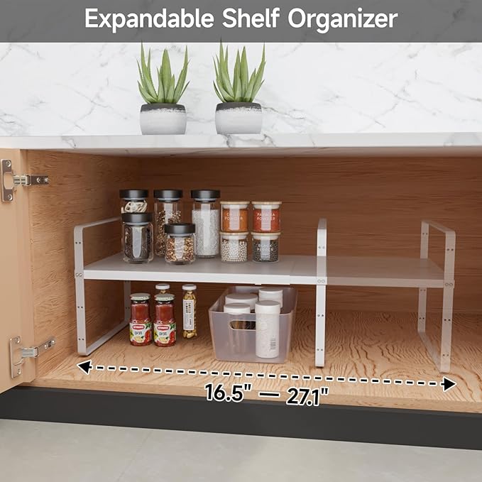 DPZM 16.5-27’’L Expandable Cabinet Countertop Shelf Organizer, Stackable Metal Shelves, Kitchen Organizers and Storage, White Storage Spice Rack for Pantry and Cupboard