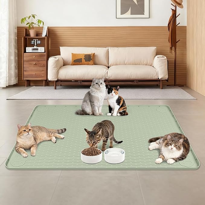 Lanstics Cat Food Mat, 40" x 28" Large Silicone Mat Cat Feeding Mat with Raised Edge Non-Slip Pet Feeding Mat for Food and Water Bowl, Easy to Clean, Floor Protection (Green)