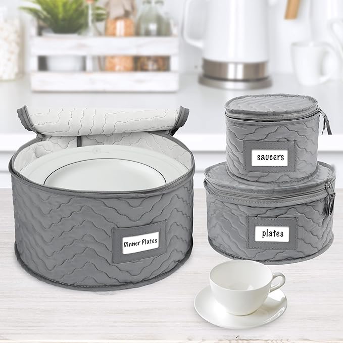 LotFancy China Storage Containers, Quilted 5-Piece Set Storage Box, Chinaware Dinnerware Dish Plate Mug Cup Storage Case, 48 Felt Protectors, Cardboard Dividers Included