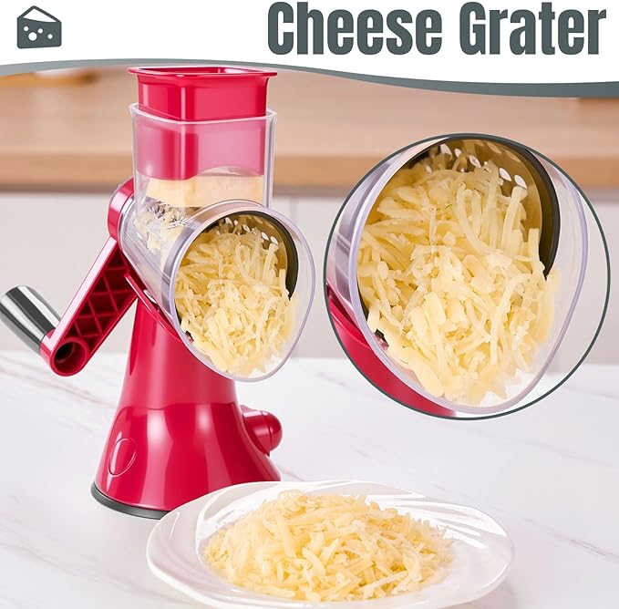 Rotary Cheese Grater with Handle - 3 in 1 Vegetable Slicer Shredder, Kitchen Mandoline with 3 Premium Stainless Steel Blades & Strong Suction Base, Easy Clean Food Chopper for Cheese Vegetables Fruits