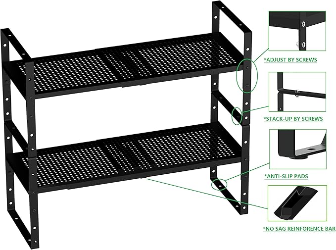 Expandable Shoe Rack Stackable Metal Pantry Storage Shelves Stand Adjustable Height Cabinet Shelf Organizer Racks Spice Shelving(2PACKS/BLACK,MEDIUM)