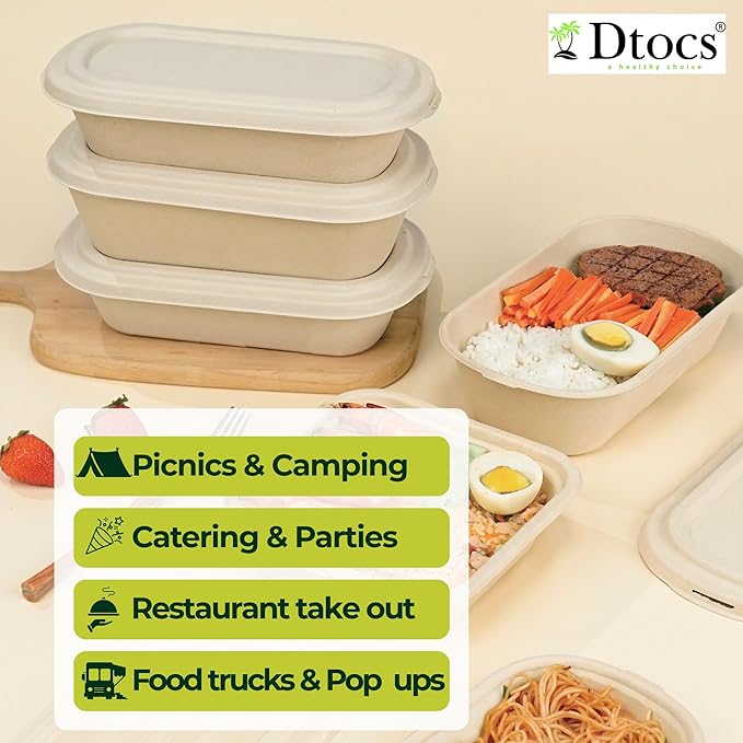 Dtocs Bamboo Fiber 500 mL Meal Prep Containers (Pack 50) | Disposable To-Go Food Containers With Lid | Microwave & Freezer Safe | Alternative to Glass Food Storage Box