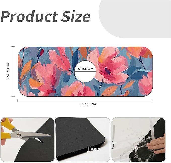Kitchen Sink Splash Guard，Coral-colored flowers Faucet Mat Sink Gadgets-Super Absorbent Fast Drying Mat Drip Catcher for Kitchen, Bathroom,Sink Mat, Dish Drying Mat, Bathroom(15" X 5.5" )