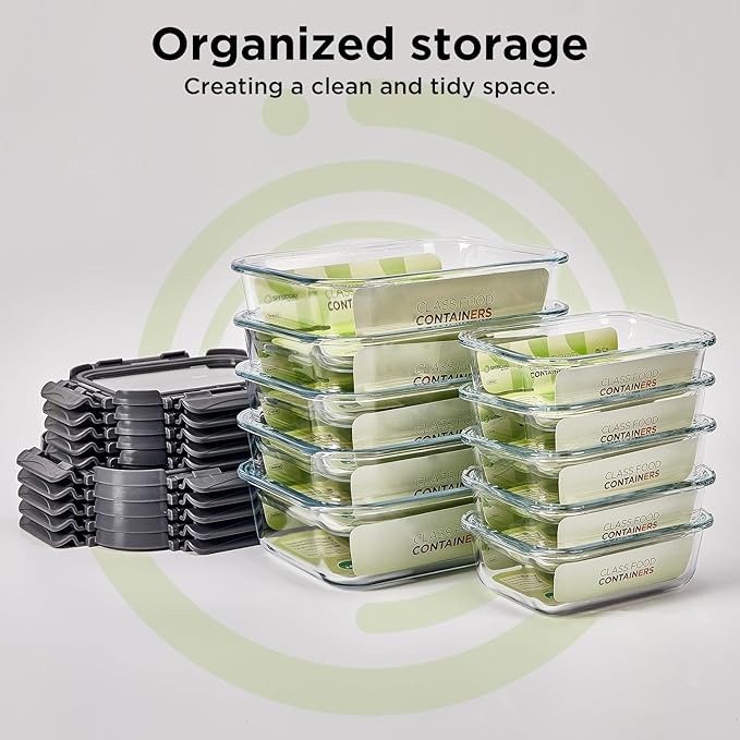 Spreccio Glass Food Storage Containers with Lids,10 pack [36oz*5+13.5oz*5], Glass Meal Prep Container with Airtight Lids, Microwave Safe Food Container Set, BPA Free, LeakProof, Ideal for Lunch