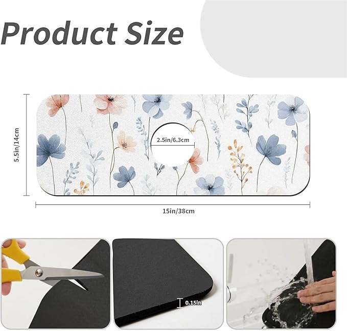 Kitchen Sink Splash Guard，Dreamy Wildflower Faucet Mat Sink Gadgets-Super Absorbent Fast Drying Mat Drip Catcher for Kitchen, Bathroom,Sink Mat, Dish Drying Mat, Bathroom(15" X 5.5" )