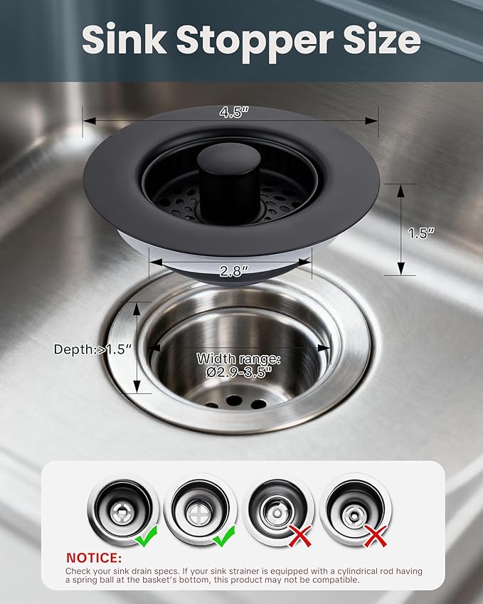 ARCORA Kitchen Sink Drain Strainer: Stainless Steel 3 in 1 Sink Stopper with Anti-Clogging Basket, Kitchen Strainer with Brass Bounce Core for Standard 3-1/2 Inch Drain, Matte Black